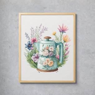 Wildblumen Wasserfarbener Kaffee Wasserkocher Poster