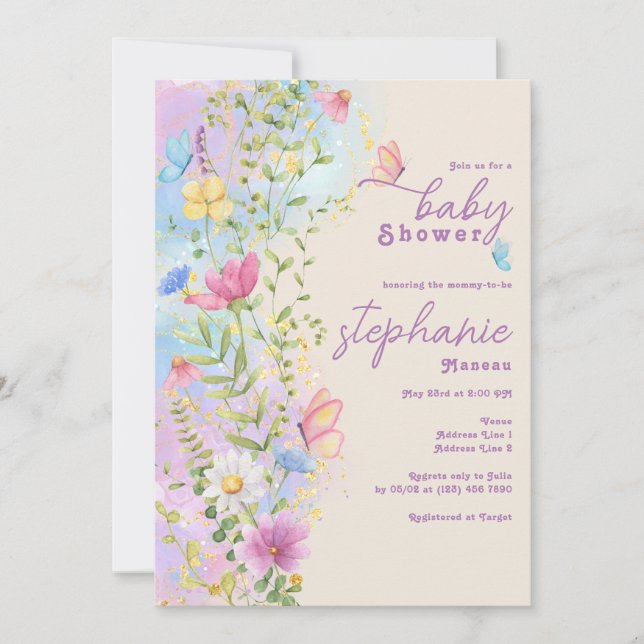 Wildblumen Whimsical Butterfly Garden Baby Dusche Einladung (Vorderseite)