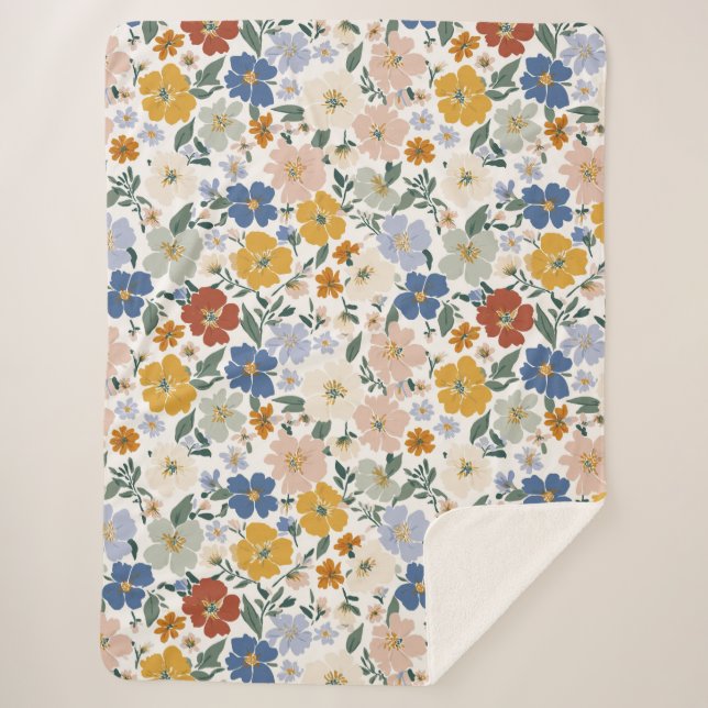 Wildblumen-Wiese Boho-Muster Sherpadecke (Vorderseite)