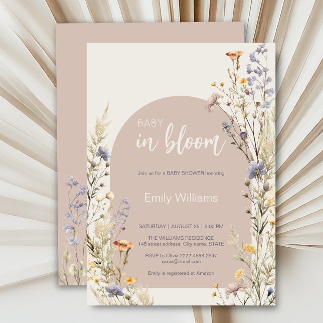Wildblumen Wiese elegante Babydusche Einladung (A little wildflower elegant rustic boho watercolor baby shower invitation, baby in bloom)