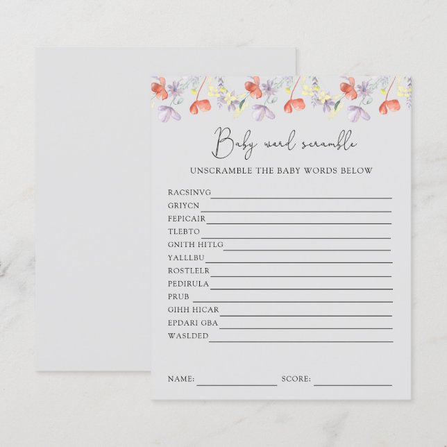 Wildblumen Word Scramble | Baby Showspiel (Vorne/Hinten)