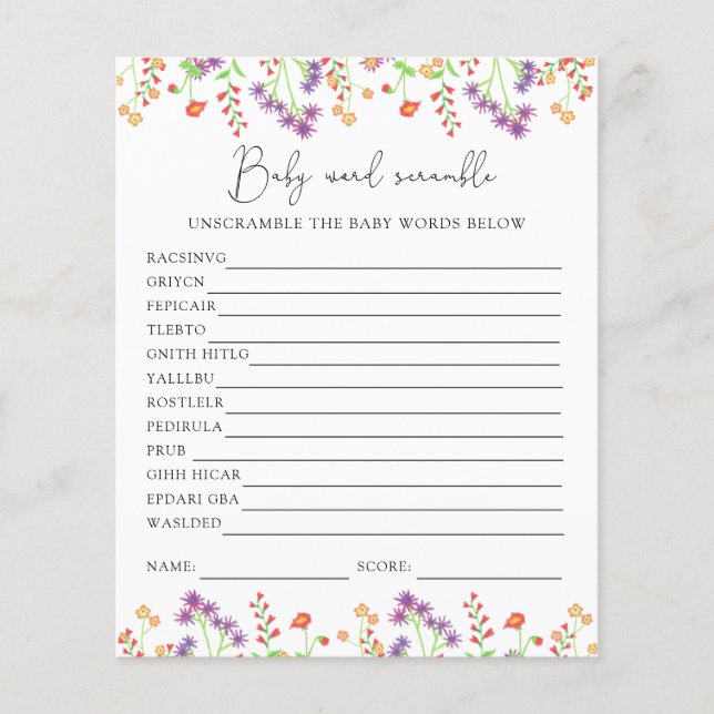 Wildblumen Word Scramble | Baby Showspiel (Vorderseite)