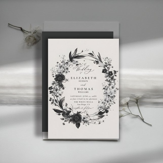 Wildblumen Wreath Moderne Elegante Hochzeit Einladung (wildflowers wedding invitation black white floral wreath frame elegant modern romantic boho)
