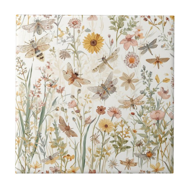 Wildblumengarten Botanische Schmetterlinge Floral Fliese (Vorderseite)
