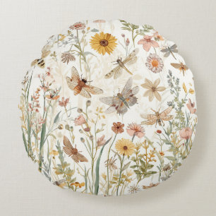 Wildblumengarten Botanische Schmetterlinge Floral Rundes Kissen