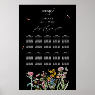 Wildblumengarten-Hochzeit Sitzordnung Schwarz Boho Poster
