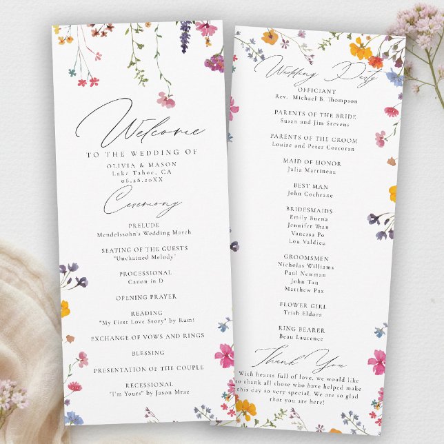 Wildblumengarten Moderne elegante Hochzeitsprogram (wildflower wedding program watercolor garden backyard barn summer spring elegant stylish romantic)