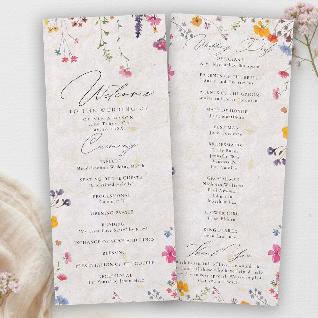 Wildblumengarten Moderne Hochzeitsprogramm Rosa (wildflower wedding program watercolor garden backyard barn summer spring elegant romantic pink blush)