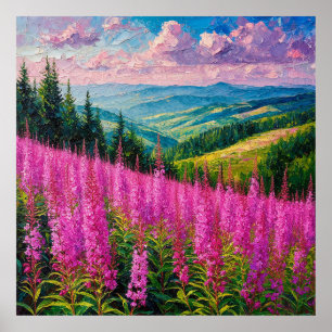 Wildblumenwiese mit Berglandschaft Poster