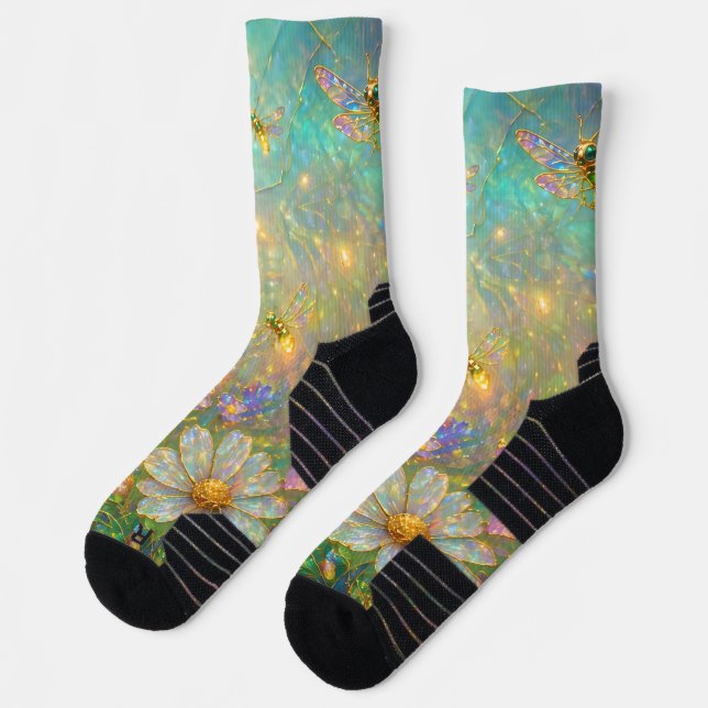 Wildblumenwiese mit leuchtenden Libellen Socken (Links)