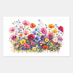 Wildblumenwiese mit natürlichen Wasserfarbenblüten Rechteckiger Aufkleber