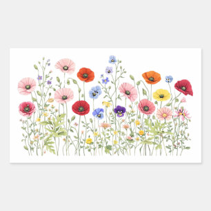 Wildblumenwiese mit natürlichen Wasserfarbenblüten Rechteckiger Aufkleber