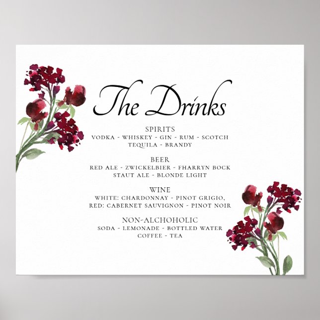 Wildblüte | Crimson Red Bohemisch Blume Drink Menu Poster (Vorne)
