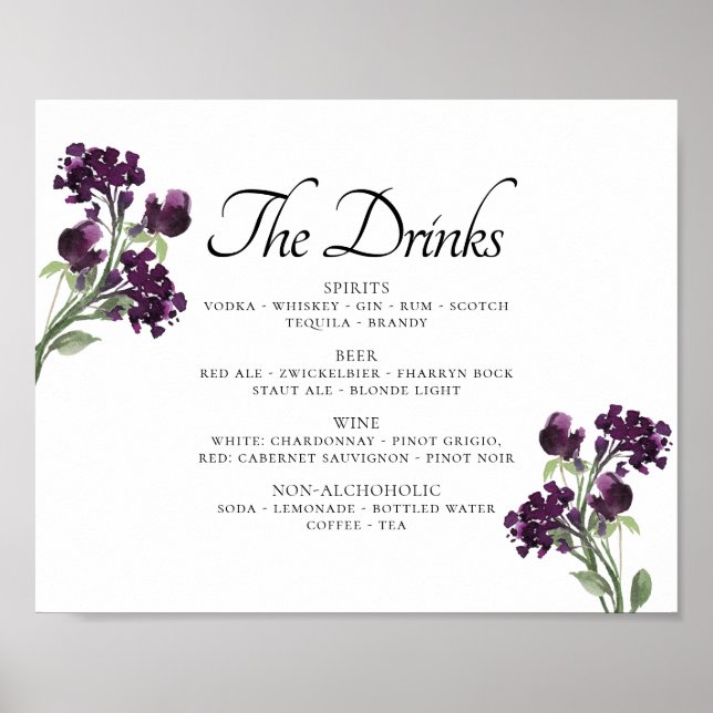 Wildblüte | Deep Lila Bohemisch Blume Bar Menu Poster (Vorne)