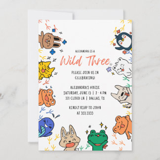 Wilde 3 Niedliche Tiere 1. Geburtstag Kinder Einla Einladung