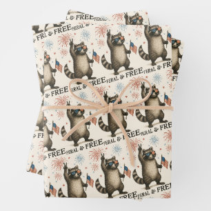 Wilde, aber freie Feuerwerke Wilde Raccoon 4. Juli Geschenkpapier Set