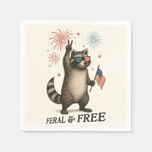 Wilde, aber freie Feuerwerke Wilde Raccoon 4. Juli Serviette (Vorderseite)
