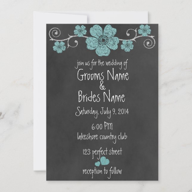 Wilde Aquamarine Rose Chalkboard Hochzeit Einladun Einladung (Vorderseite)