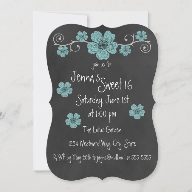 Wilde Aquamarine Rose Chalkboard Party Einladung (Vorderseite)