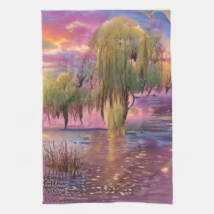 Wilde Bäume bei rosa Sonnenuntergang am Teich Geschirrtuch