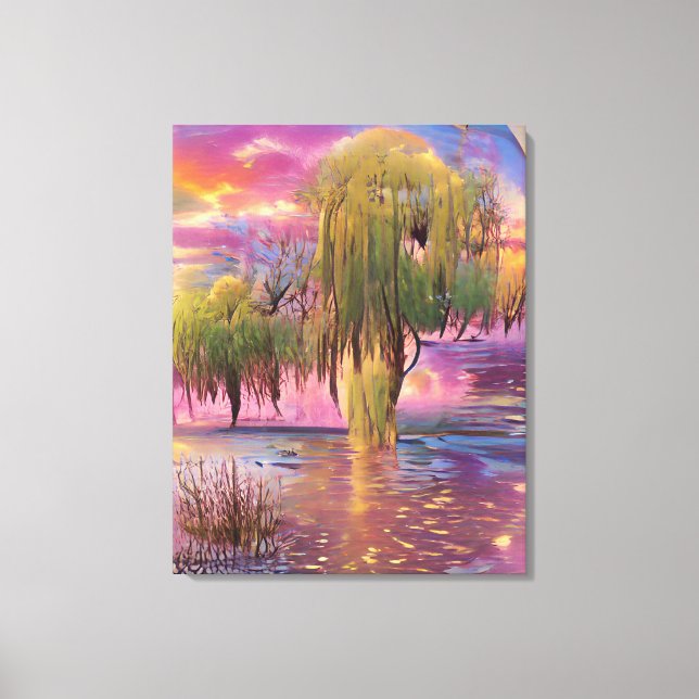 Wilde Bäume bei rosa Sonnenuntergang am Teich Leinwanddruck (Vorderseite)