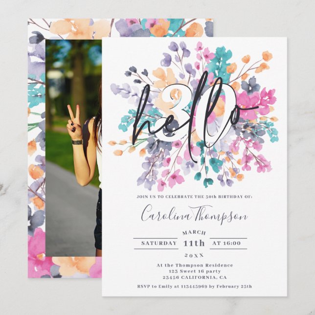 Wilde Blume Aquarell Blumenchic Foto hallo 30 Einladung (Vorne/Hinten)