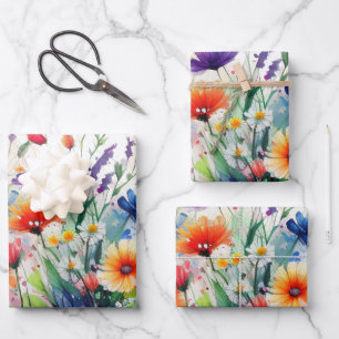 Wilde Blume Aquarell Geburtstags-Brautparty Geschenkpapier Set