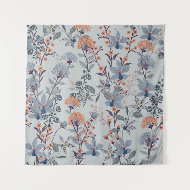 Wilde Blume auf blau, botanisch. Wandteppich (Vorderseite)