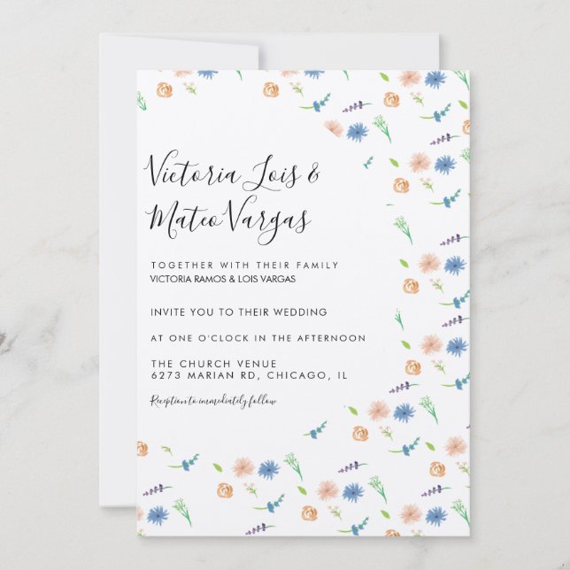 Wilde Blume Blumengrün Wasserfarbener Hochzeitstag Einladung (Vorderseite)