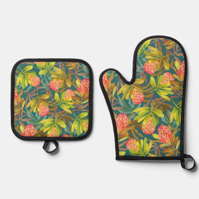 Wilde Blume Botanischer Protea Ofenhandschuh & Topflappen-Set (Vorderseite)