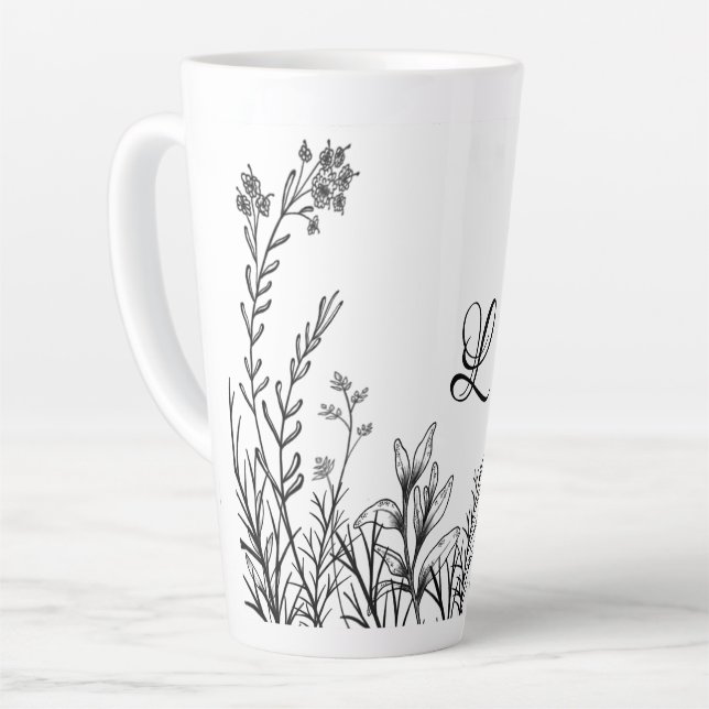 Wilde Blume Doodles Monogramm Latte Tasse (Linke Ecke)