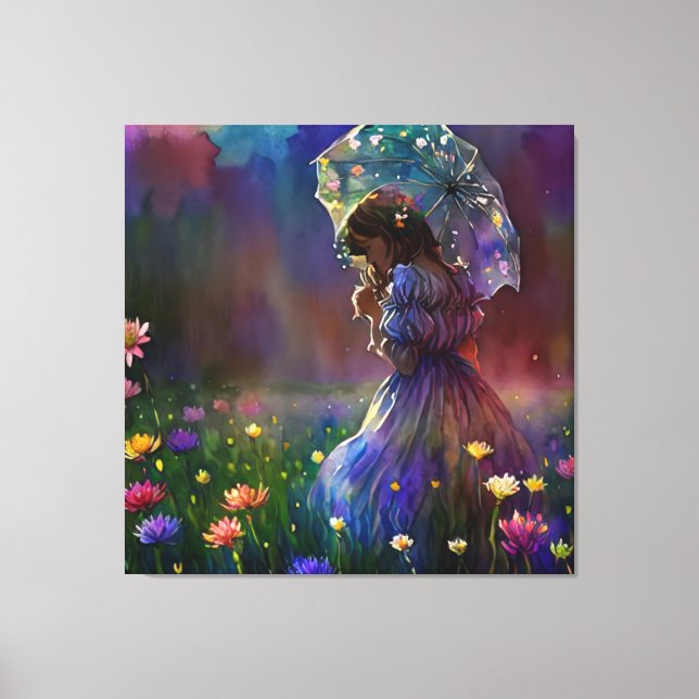 *~ Wilde Blume Feld AP56 Umbrella Girl Leinwanddruck (Vorderseite)