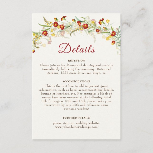 Wilde Blume Gelbe Marigold Foliage Hochzeit Begleitkarte (Vorderseite)