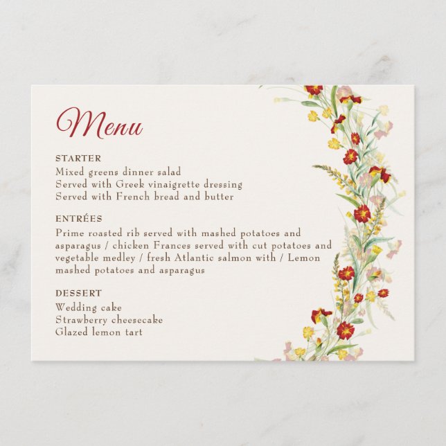 Wilde Blume Gelbe Marigold Foliage Hochzeit Menükarte (Vorderseite)