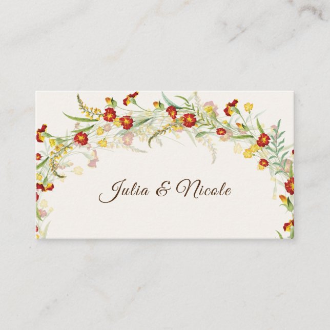 Wilde Blume Gelbe Marigold Foliage Hochzeit Platzkarte (Vorderseite)