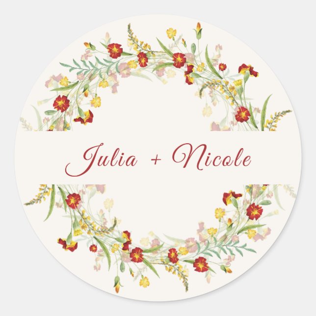 Wilde Blume Gelbe Marigold Foliage Hochzeit Runder Aufkleber (Vorderseite)