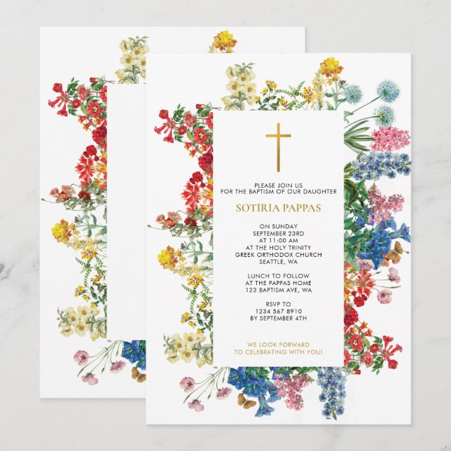 Wilde Blume Griechisch-Orthodoxe Christening Taufe Einladung (Vorne/Hinten)