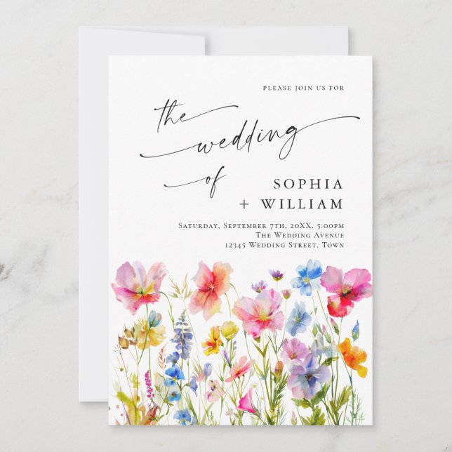 Wilde Blume Hochzeit im festlichen Bright Watercol Einladung (Vorderseite)