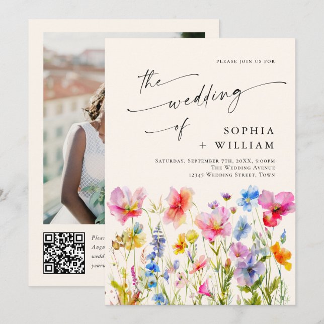 Wilde Blume Hochzeit im festlichen Bright Watercol Einladung (Vorne/Hinten)