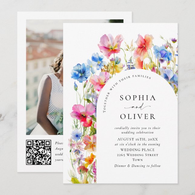 Wilde Blume Hochzeit im festlichen Bright Watercol Einladung (Vorne/Hinten)