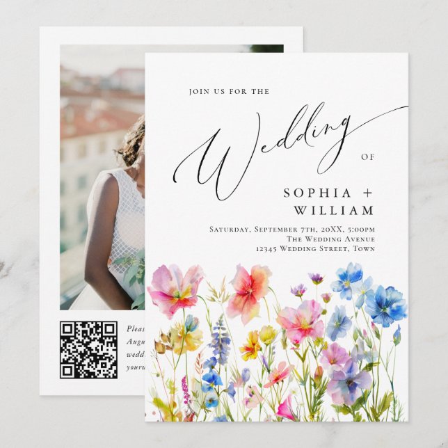 Wilde Blume Hochzeit im festlichen Bright Watercol Einladung (Vorne/Hinten)