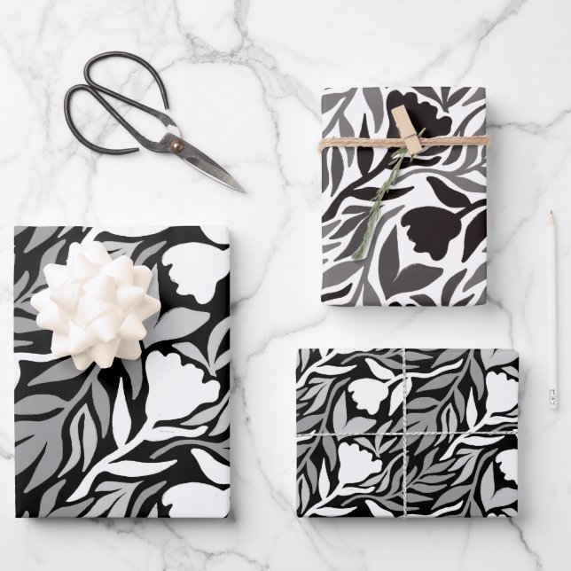 Wilde Blume Kaskade Schwarz & Weiß Geschenkpapier Set (Vorderseite)