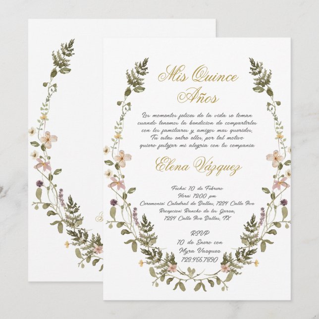 Wilde Blume Kranz Quinceañera Einladung (Vorne/Hinten)