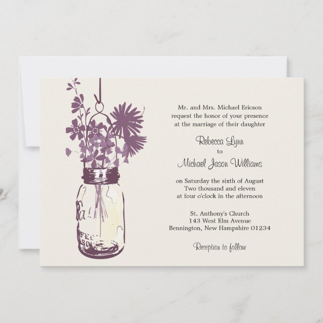 Wilde Blume & Mason Jar Hochzeitseinladungen Einladung (Vorderseite)