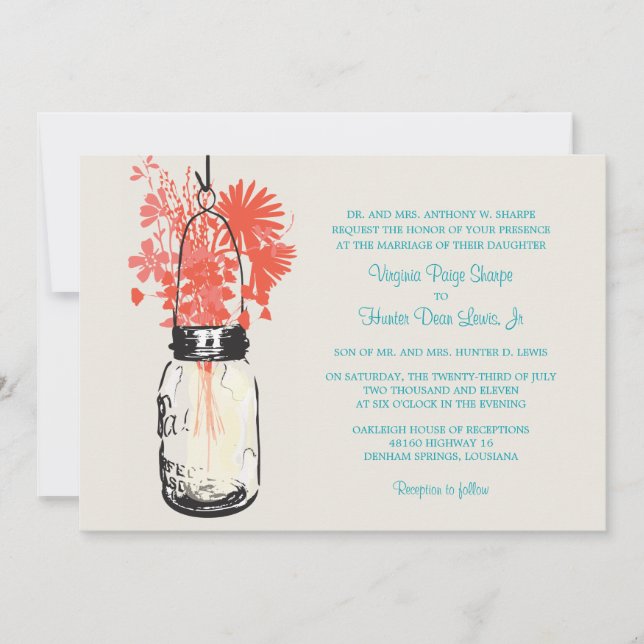 Wilde Blume & Mason Jar Hochzeitseinladungen Einladung (Vorderseite)