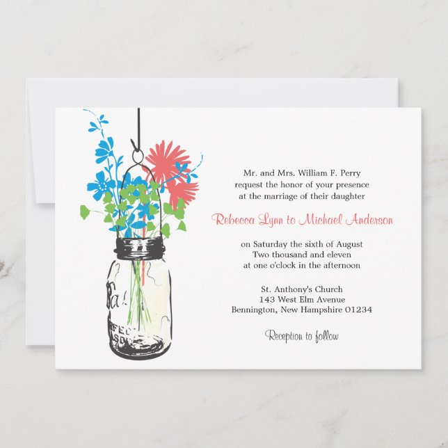 Wilde Blume & Mason Jar Hochzeitseinladungen Einladung (Vorderseite)