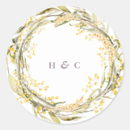 Wilde Blume Pampas-Gelbe Monogramm-Hochzeit Runder Aufkleber
