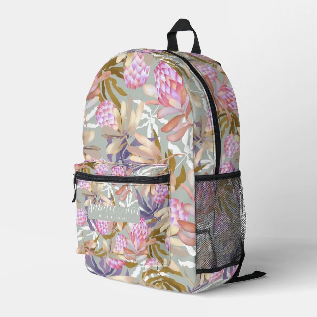 Wilde Blume Protea Gray Bedruckter Rucksack (Rückseitige Ecke Rechts)