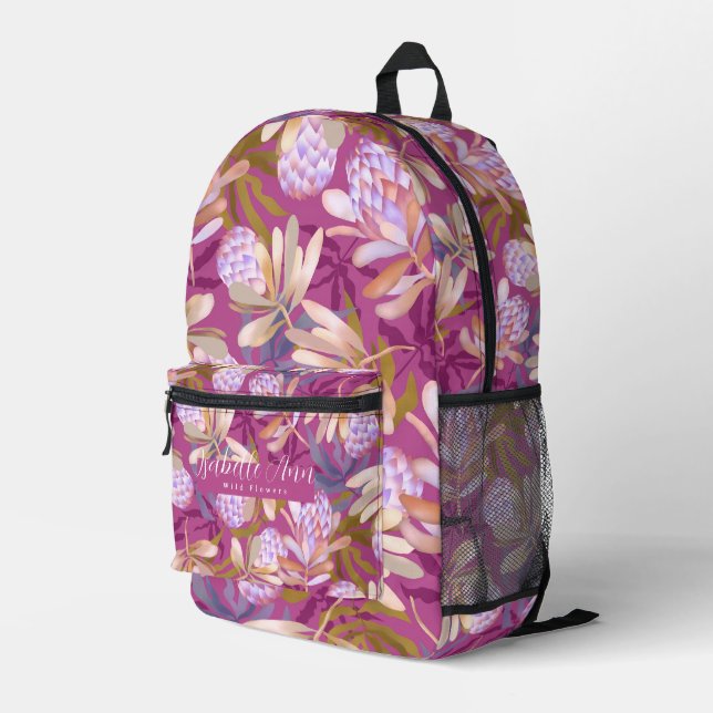 Wilde Blume Protea Magenta Bedruckter Rucksack (Rückseitige Ecke Rechts)