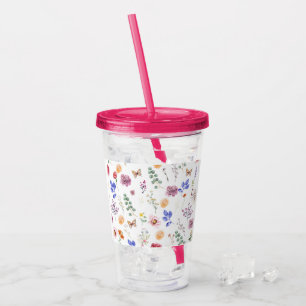 Wilde Blume rosa farbenfroh klares Stroh Tumbler Acryltrinkbecher